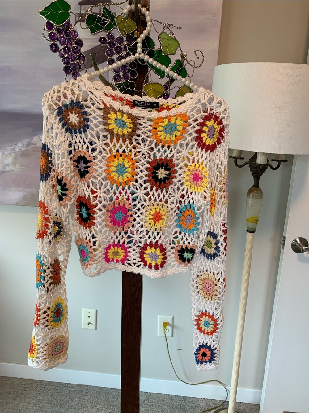 Nasty Gal Cream Crochet Granny Square Cropped Sweater Size M EUC